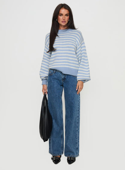 Harmony Balloon Sleeve Knit Sweater Blue / White Stripe