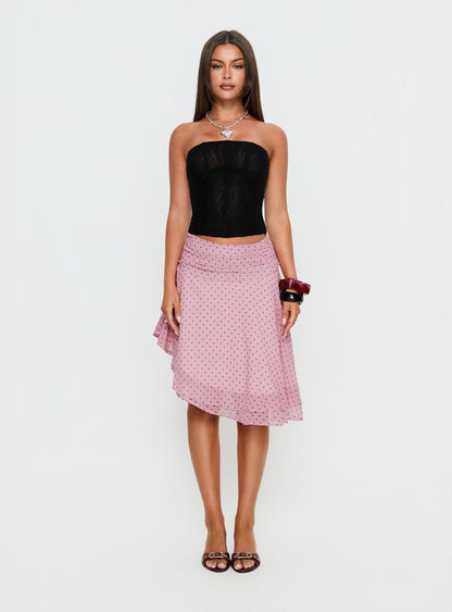 Evanescence Asymmetrical Midi Skirt Pink Polka Dot