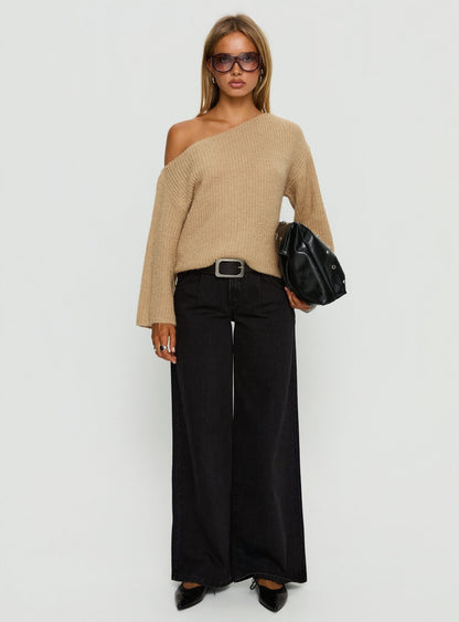 Delyn Off Shoulder Slouchy Knit Sweater Camel