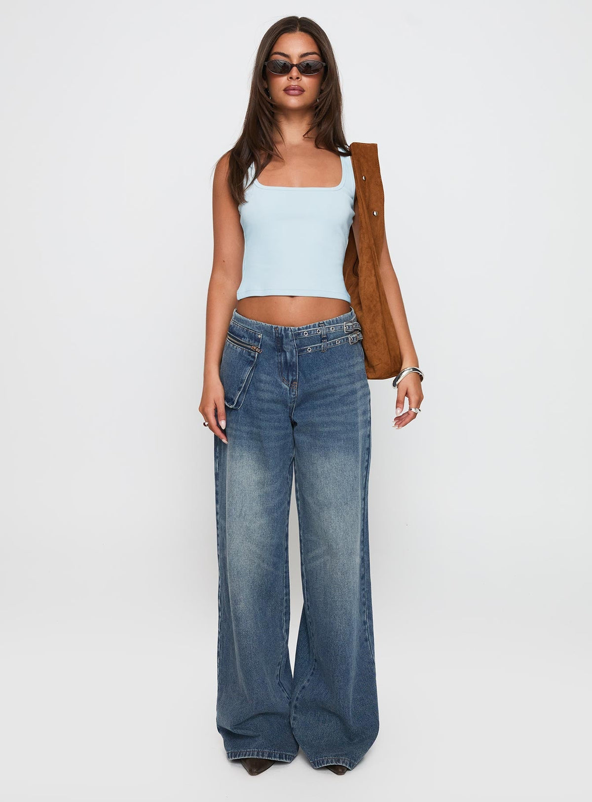 Paltrow Mid Rise Wide Leg Cargo Jeans Mid Blue Wash Petite