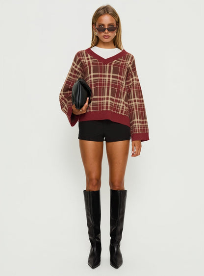 Sydda V Neck Knit Sweater Red Plaid