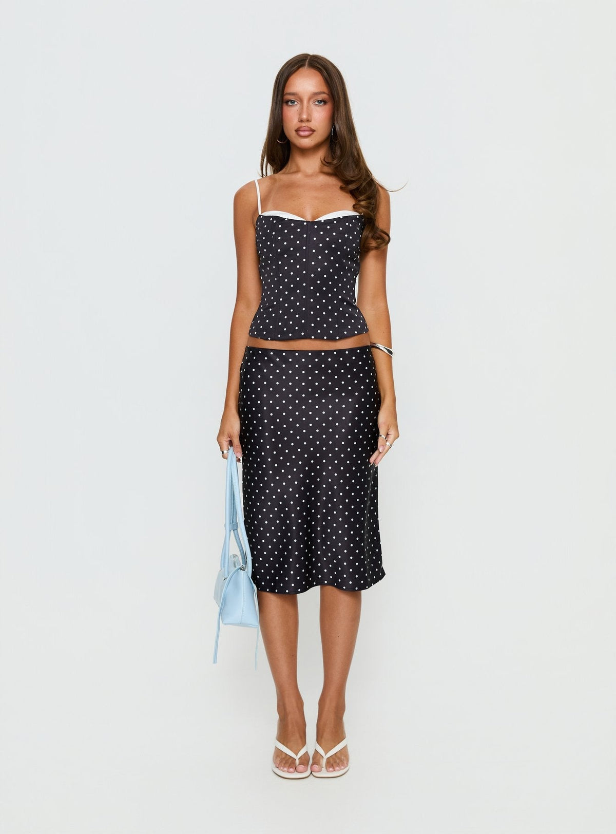 Somani Satin Midi Skirt Black Polka Dot