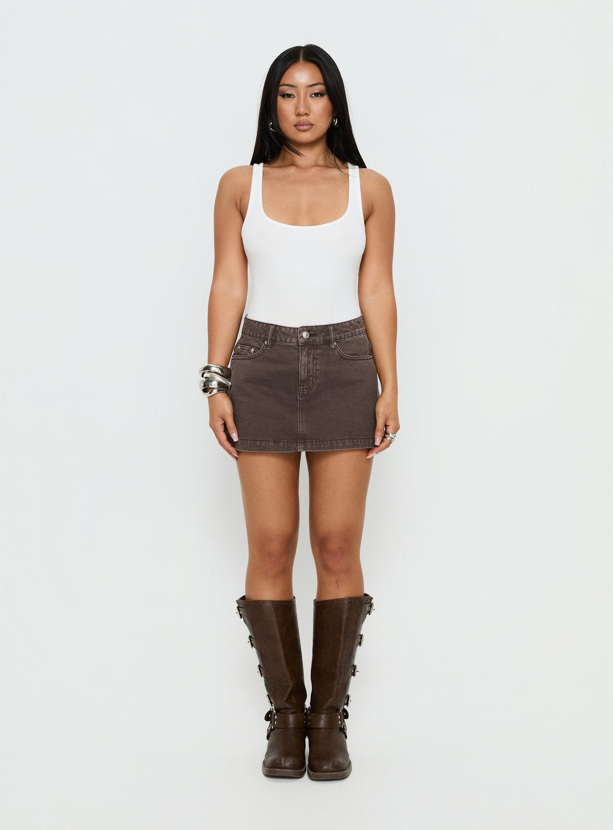 Nicolina Low Rise Denim Mini Skirt Washed Brown
