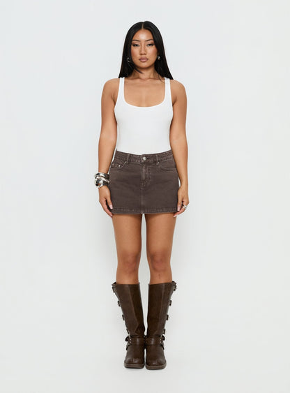 Nicolina Low Rise Denim Mini Skirt Washed Brown