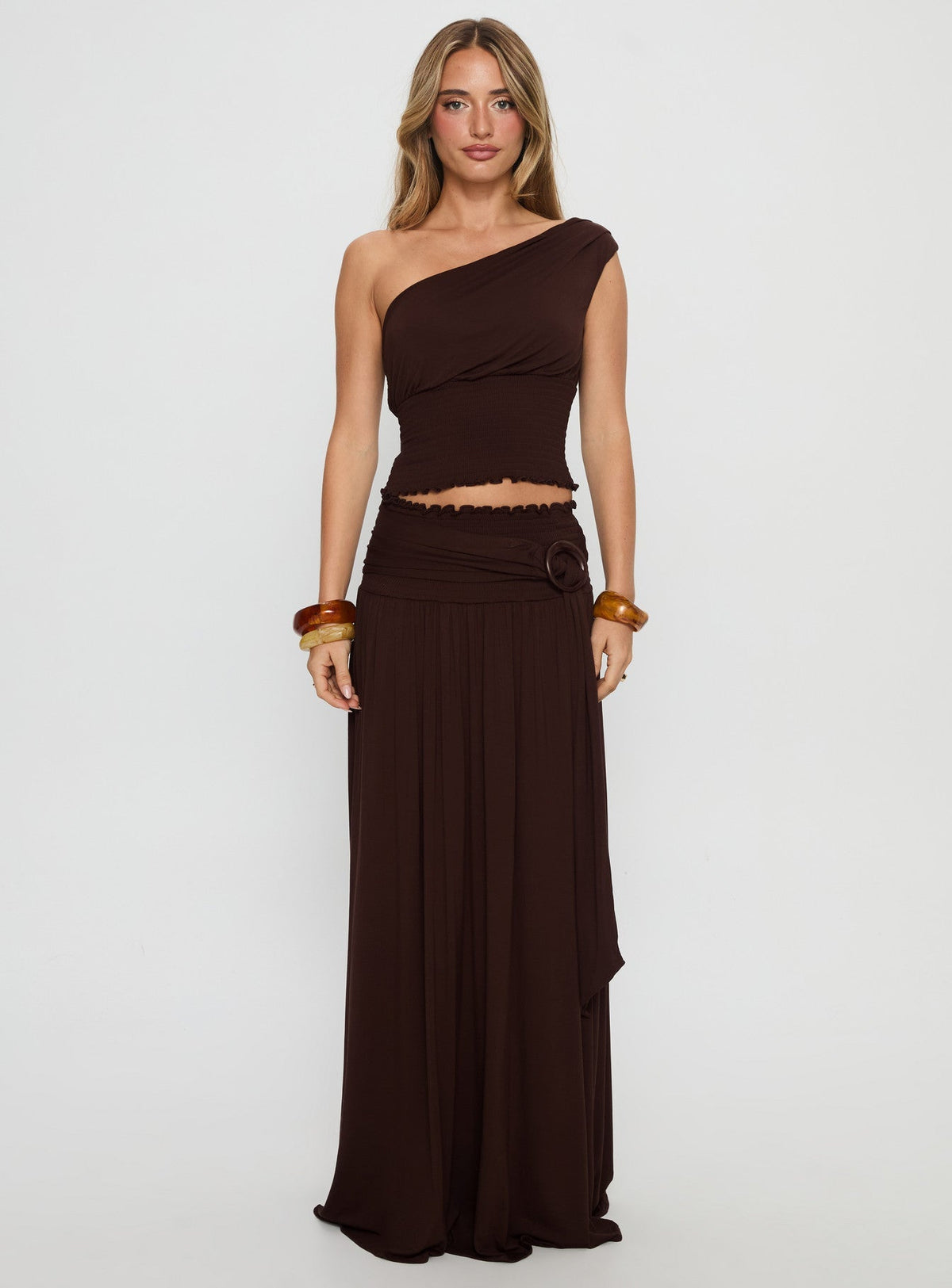 Full Orbit Shirred Maxi Skirt Chocolate Brown