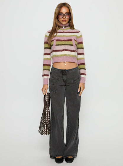 Keeva Zip Through Knit Jumper Pink / Green Stripe