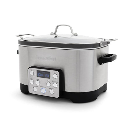 Stainless steel 6-quart slow cooker with digital display and in-pot browning settings.