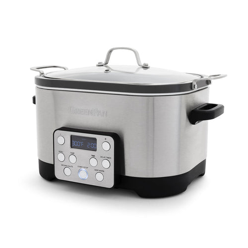 Stainless steel 6-quart slow cooker with digital display and in-pot browning settings.