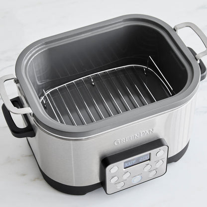 Stainless steel 6-quart slow cooker with digital display and in-pot browning function.