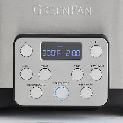 Slow cooker control panel displaying 300°F, 2:00 time, and multiple function buttons.