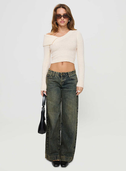 Ribbon Stamp Low Rise Wide Leg Jeans Antique Wash