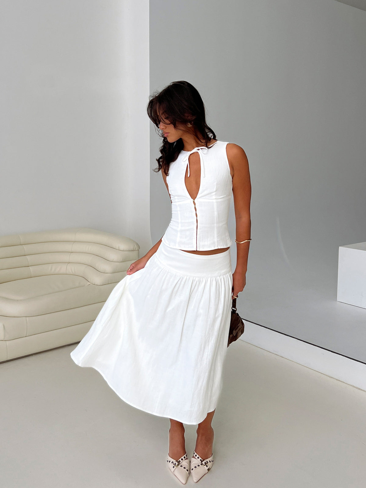 Heart Of Gold Linen Blend Midi Skirt White