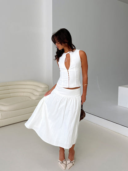 Heart Of Gold Linen Blend Midi Skirt White