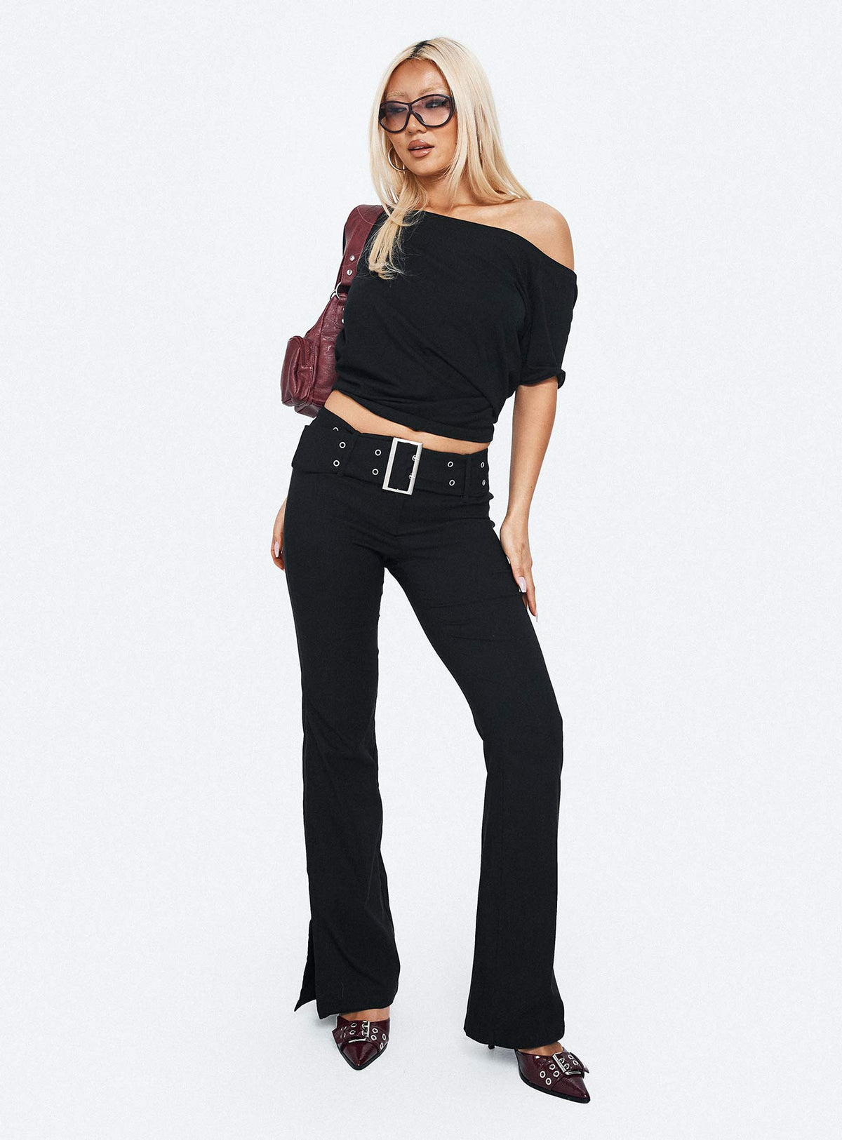 Kortnee Eyelet Detail Flare Leg Pants Black