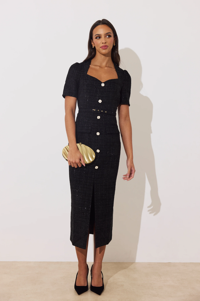 8th Sign Harriert Dress Black model wearing black midi dress Shop 8th Sign at Dotique