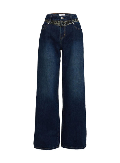Savenna Mid Rise Wide Leg Jeans Dark Wash / Leopard