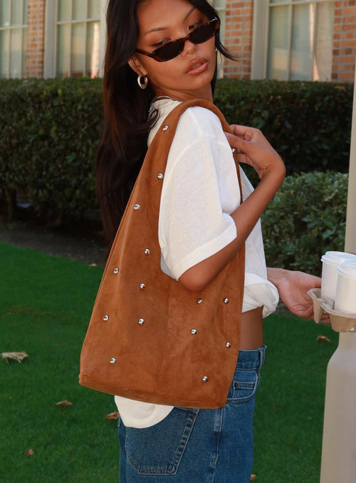 Stellah Studded Faux Suede Bag Brown