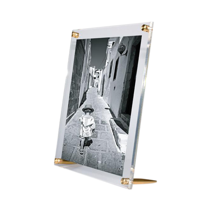These tabletop acrylic frames give you the same modern look as floating frames without having to install anything into a wall.