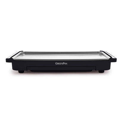 The Advanced Griddle with Warming Drawer | Graphite features a rectangular white nonstick cooking surface, black base, side handles, and "GreenPan" branding on the front.