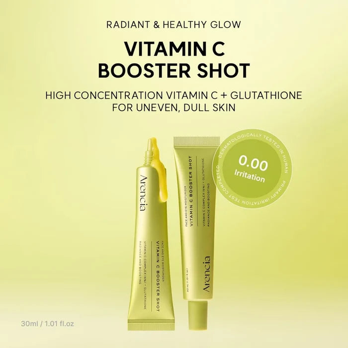 arencia vitamin c booster shot face and eye cream moisturiser 30ml on a white background infographic