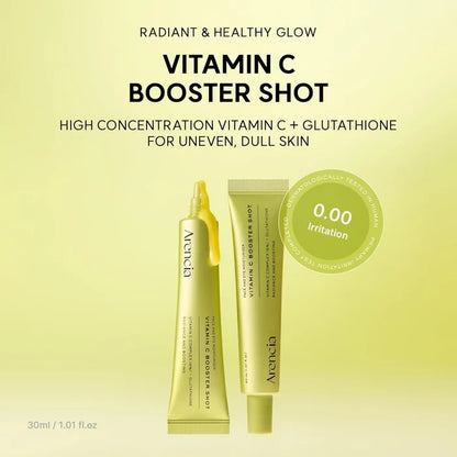 arencia vitamin c booster shot face and eye cream moisturiser 30ml on a white background infographic