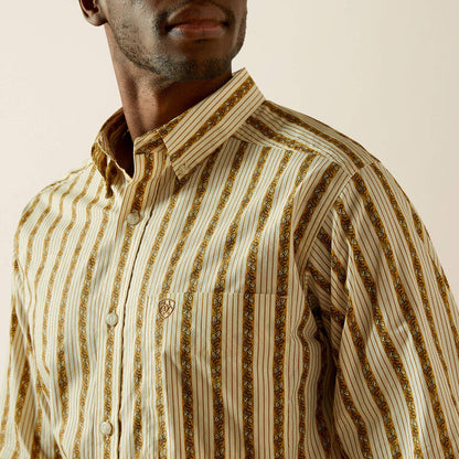 Ariat Men's L/S Brigham Fitted Striped Button Down Shirt in Tan