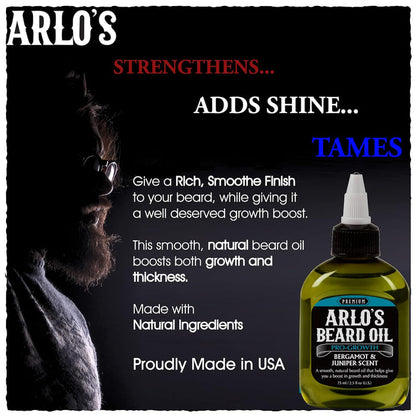 Arlo's Beard Oil Pro-Growth with bergamot and juniper scent, made in the USA with natural ingredients to strengthen, tame, add shine and promote thicker beard growth.