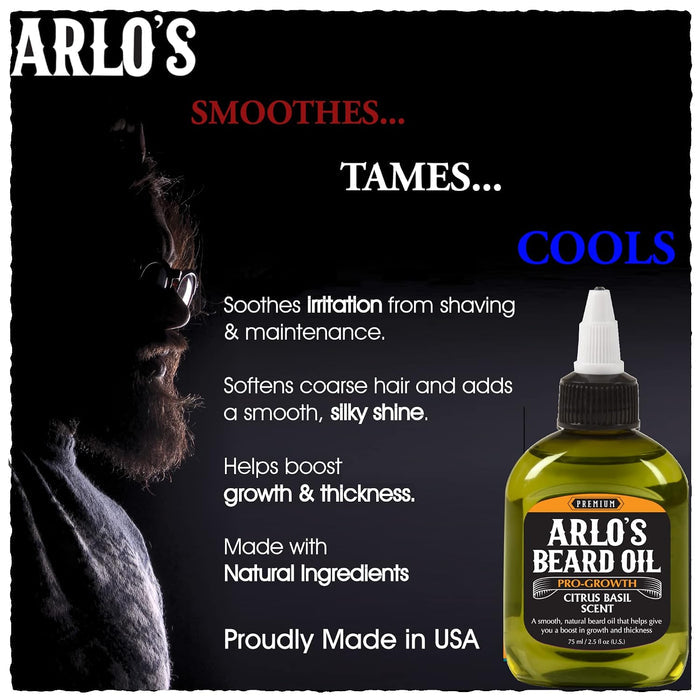 Arlo's Beard Oil - Pro-Growth Citrus Basil Scent 2.5oz promoting beard growth, soothing irritation, taming and softening facial hair.