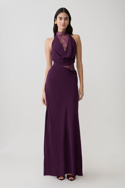 Arra Chiffon And Lace Halter Maxi Dress - Plum