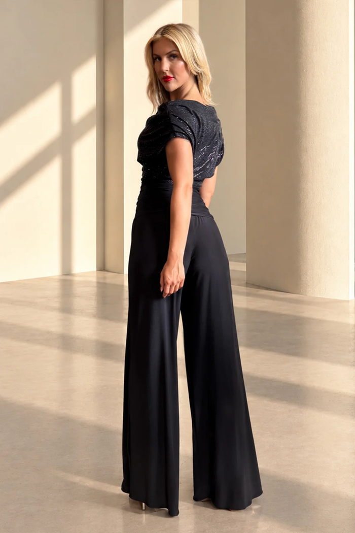 Back view, Atom Label Carbon Bardot Jumpsuit – Black Sequin Sparkle Regular Length, ATOM LABEL. Shop ATOM LABEL at Dotique