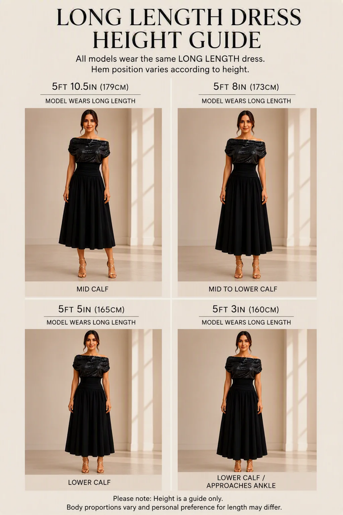 Atom Label Carbon Bardot Tea Length Dress – Navy height guide by ATOM LABEL. Shop ATOM LABEL at Dotique