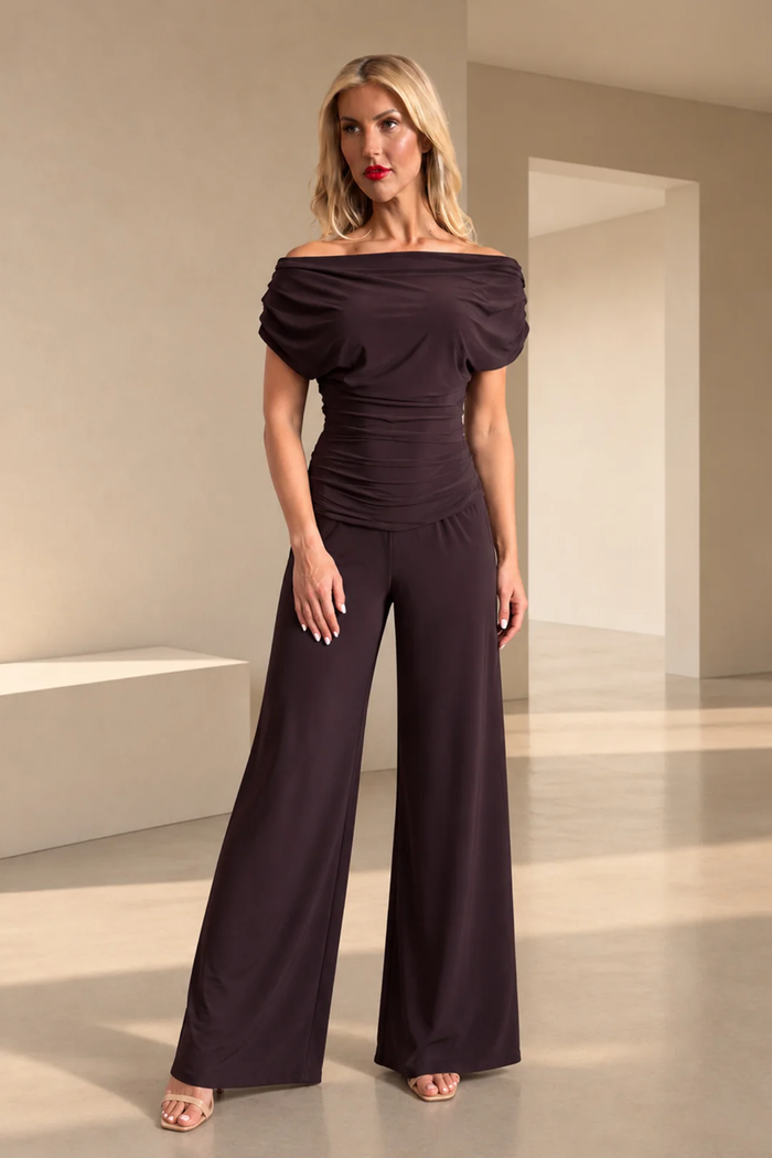 Atom Label Carbon Bardot Wide Leg Jumpsuit – Dark Chocolate Regular Length by ATOM LABEL Shop ATOM LABEL at Dotique