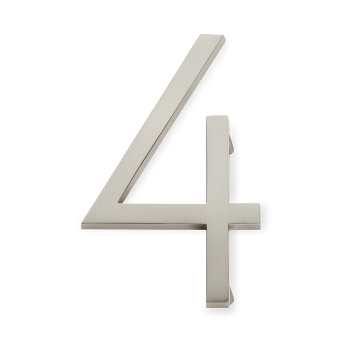 A seamless brushed nickel house number written in a narrow and modern font.