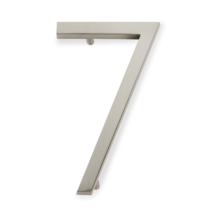 A seamless brushed nickel house number written in a narrow and modern font.