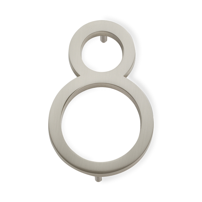 A seamless brushed nickel house number written in a narrow and modern font.