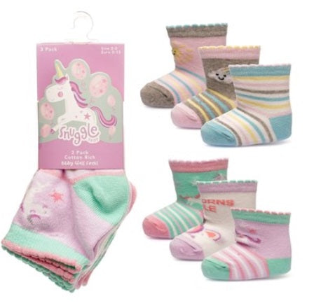 Baby Girls 3pk Socks - Unicorn/Stripes (PK12) (00-5.5) SK1205