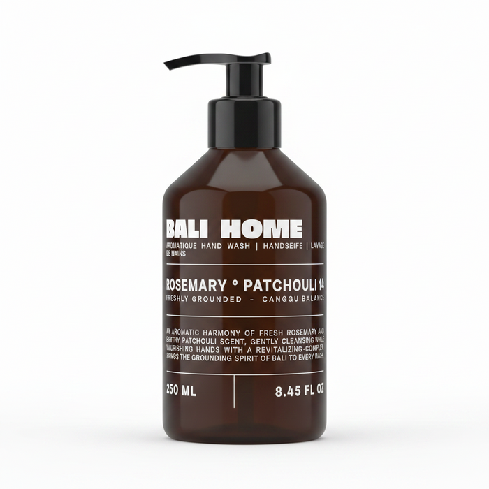 Bottle of Bali Home Rosemary Patchouli hand wash on a white background