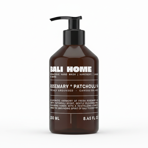 Bottle of Bali Home Rosemary Patchouli hand wash on a white background