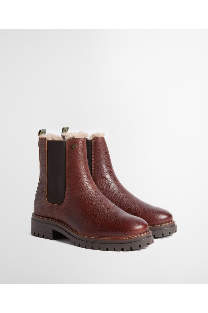 Barbour Evie Faux Fur Chelsea Boot Brown LFO0811 brown Chelsea boots with faux fur lining Shop Barbour at Dotique