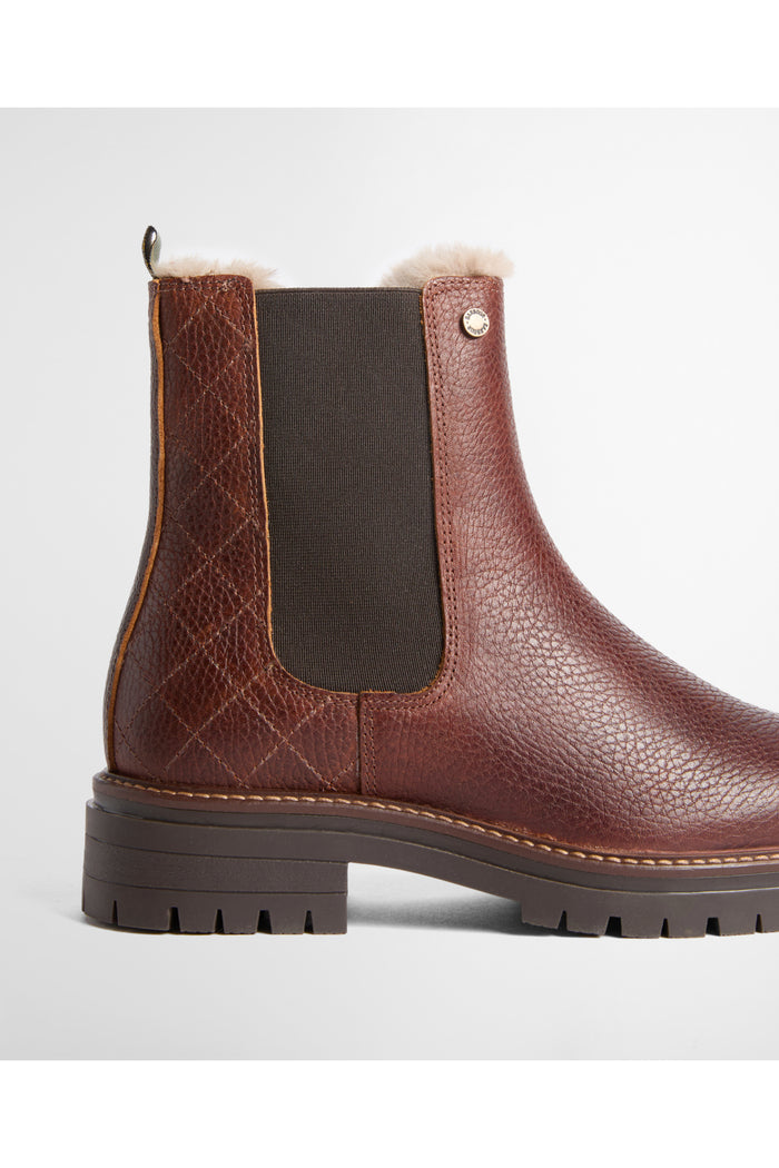 Barbour Evie Faux Fur Chelsea Boot Brown LFO0811 side view Shop Barbour at Dotique