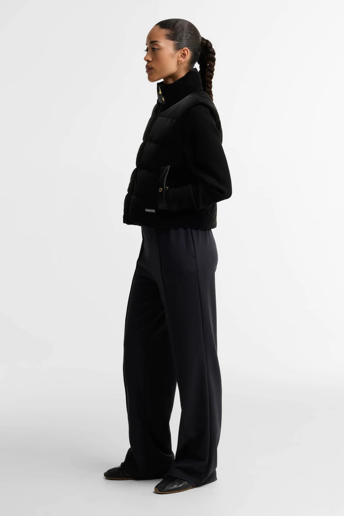 Barbour International Balaton Faux Velvet Quilted Sweat Black LQS0072 on model. Shop Barbour International at Dotique