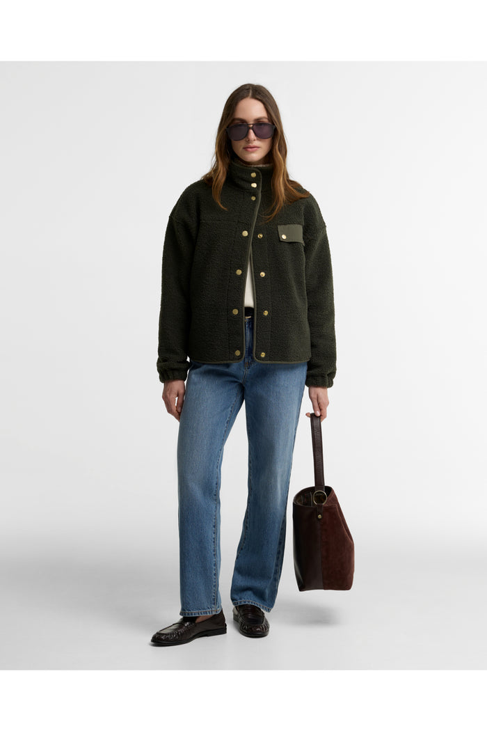 Barbour Mabel Fleece Olive LFL0095 worn by model Shop Barbour at Dotique