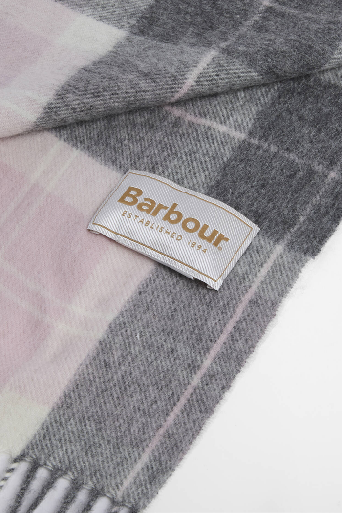 Barbour Tartan Scarf Pink/Grey Tartan LSC0129 detail Shop Barbour at Dotique