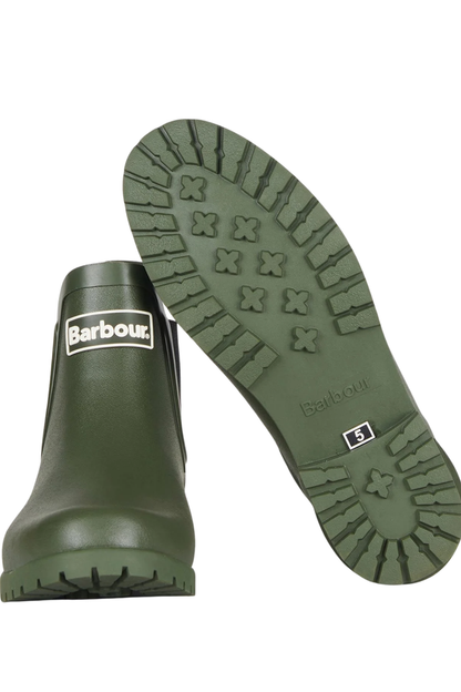 Barbour Wilton Chelsea Welly Olive LRF0066 green boots sole and front view Shop Barbour at Dotique