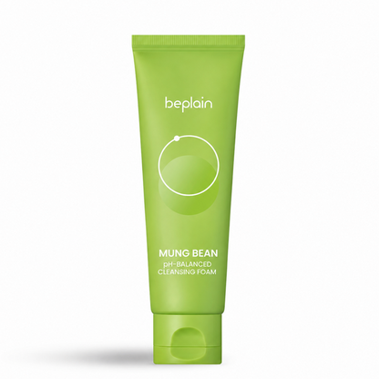 green beplain mung bean ph-balanced cleansing foam tube on a clean white background with crisp packaging details and a soft shadow