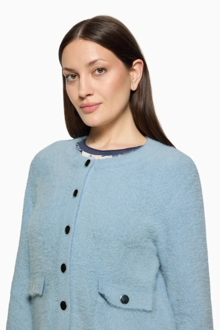 Betty Barclay 5496/2034 Knitted Jacket with Front Pockets Sky Blue worn by model Shop Betty Barclay at Dotique