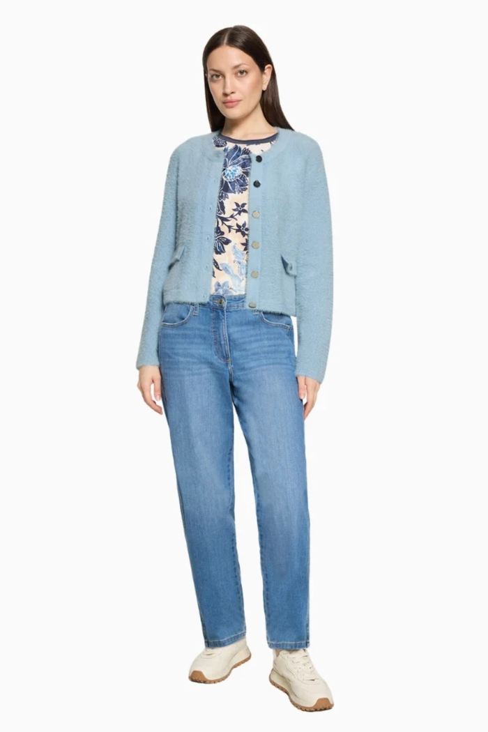 Betty Barclay 5496/2034 Knitted Jacket with Front Pockets Sky Blue worn by model Shop Betty Barclay at Dotique
