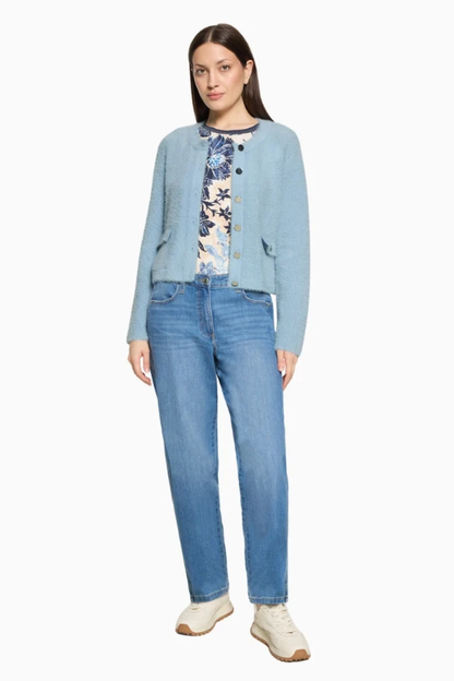 Betty Barclay 5496/2034 Knitted Jacket with Front Pockets Sky Blue worn by model Shop Betty Barclay at Dotique