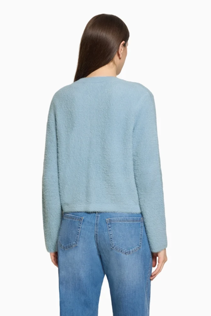 Betty Barclay 5496/2034 Knitted Jacket with Front Pockets Sky Blue worn by model back view Shop Betty Barclay at Dotique