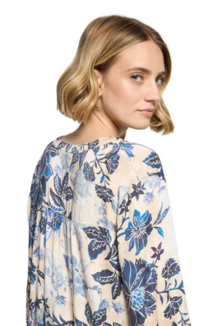 Betty Barclay 8117/1703 Floral Blouse Beige/Blue on model back view Shop Betty Barclay at Dotique